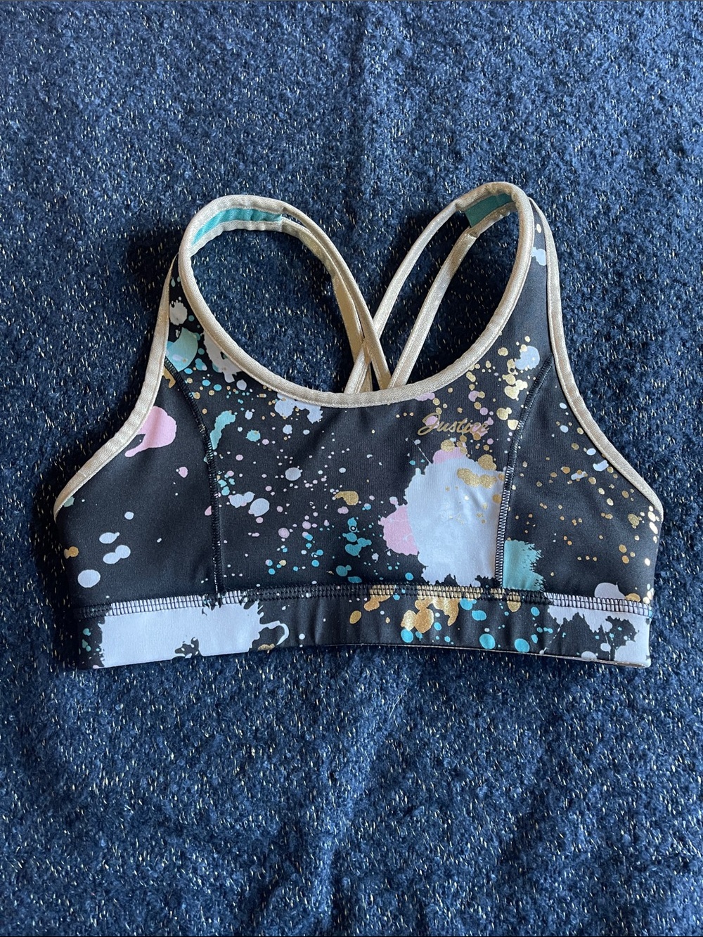 Justice Black Sports Bra Tank Top with Pastel Paint Splatter